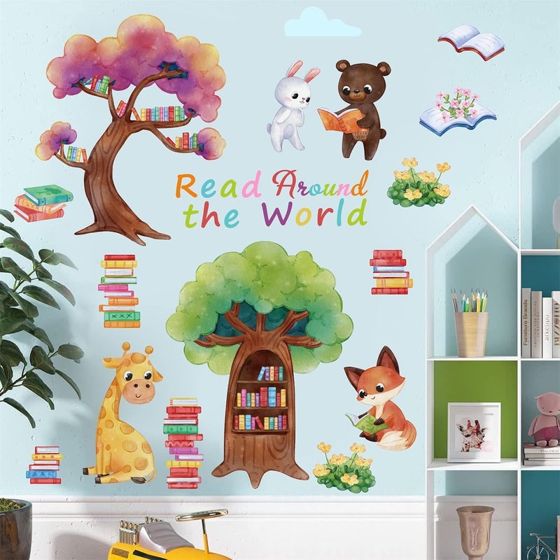 HATARU Multicolor Animals Reading Animals Wall Decals, Waterproof Vinyl Sticker for Wall, Window Decor, Cartoon Tree Animal Wall Stickers Peel and Stick, Nursery Decor - Image 1